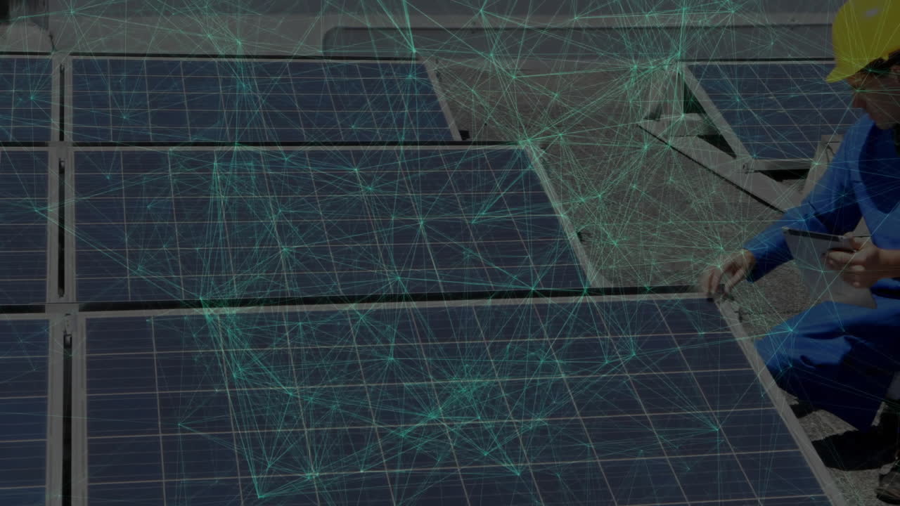 Technician kneeling inspecting solar panel array outdoors, showing network nodes and diagnostics