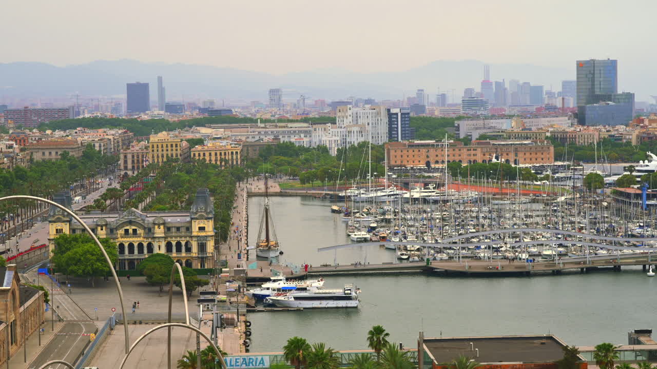 Aerial drone view of the Port Vell, the Columbus Monument and the Junta d'Obres del Port building in Barcelona, Spain