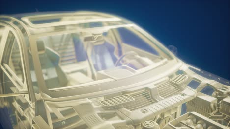 holographic animation of 3d wireframe car model with engine