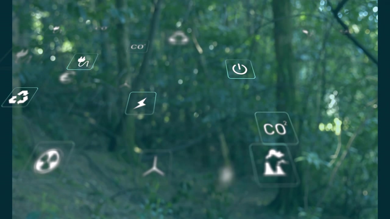 Holografiska energiikoner driver in från kanterna, roterar in i ett 3D-fält över skogsmark, visualiserar CO2.