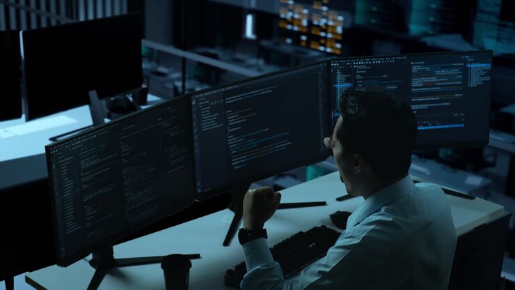 Side View Of Happy Asian Man Developer Celebrating And Dancing While Write Code With Multiple Computer Screens In The Office