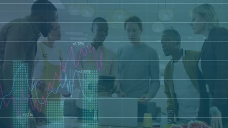 animation of financial data processing over diverse business people in office
