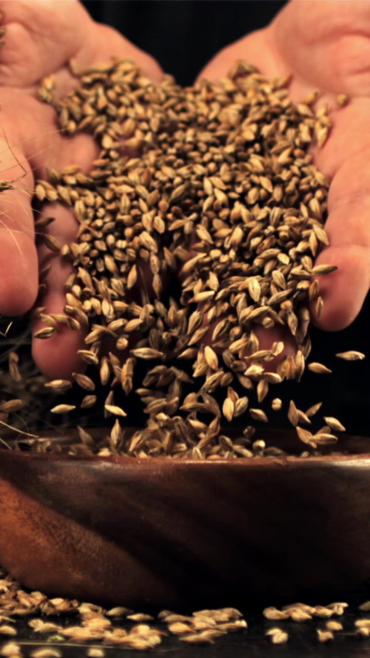 Close-up of Hands Pouring Grain into a Wooden Bowl