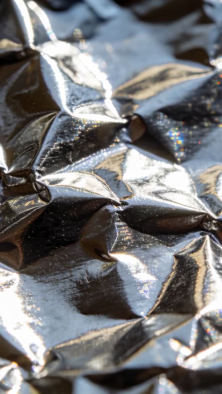 Video vertical: Luz cambiante que hace que un papel de aluminio arrugado muestre destellos en movimiento en vista macro