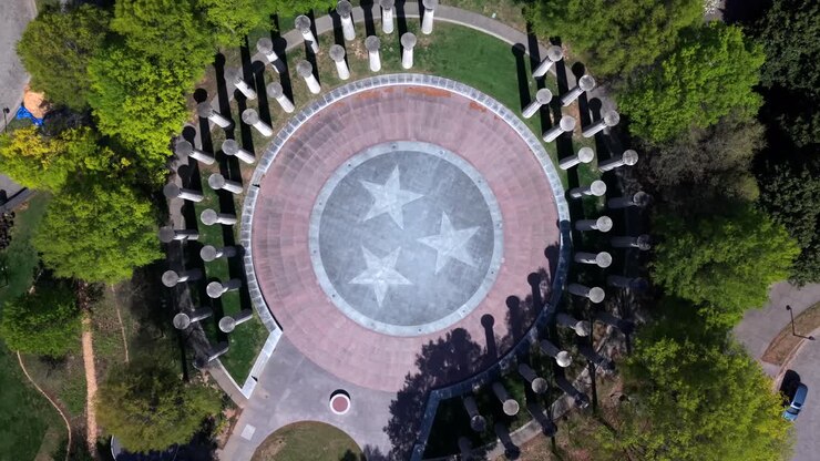 Court of Three Stars and the carillon bell pillars in Bicentennial Capitol Mall State Park Nashville, Tennessee - aerial ascending