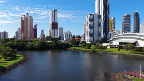 aerial view of gold coast's skyline with a river in the foreground, showcasing modern architecture under clear blue skies