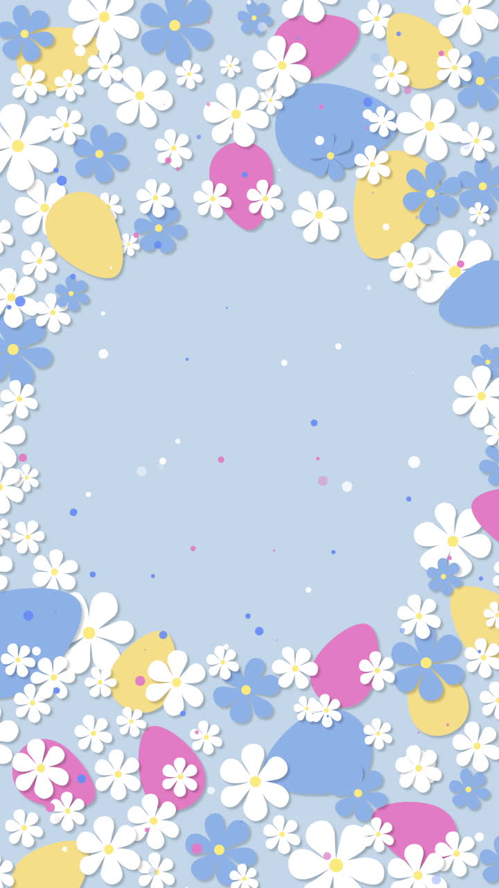 Circle shaped frame made of colorful bright flowers and Easter egg. Happy Easter floral loop animation on blue background. Vertical video.