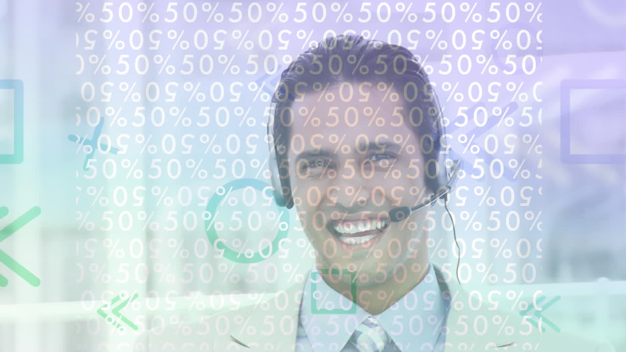 휴대폰 헤드 ⁇ 을 착용 한 사람 위에 녹색 모양과 숫자의 애니메이션