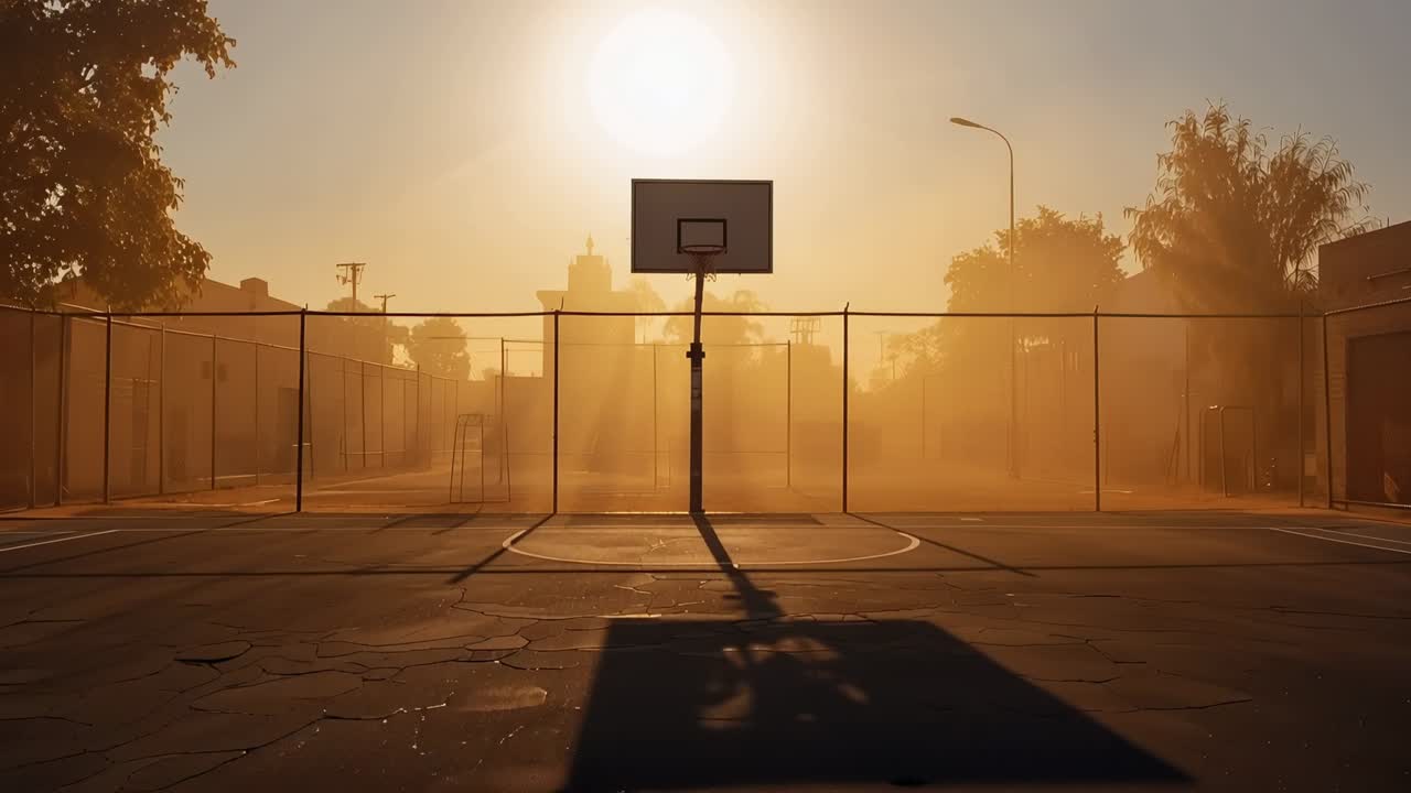 Zooming toward single hoop and backboard at local court as sun sliding behind, creating starburst