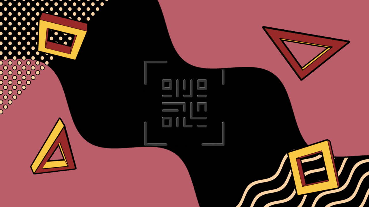 animación de un código qr brillante sobre formas geométricas de neón