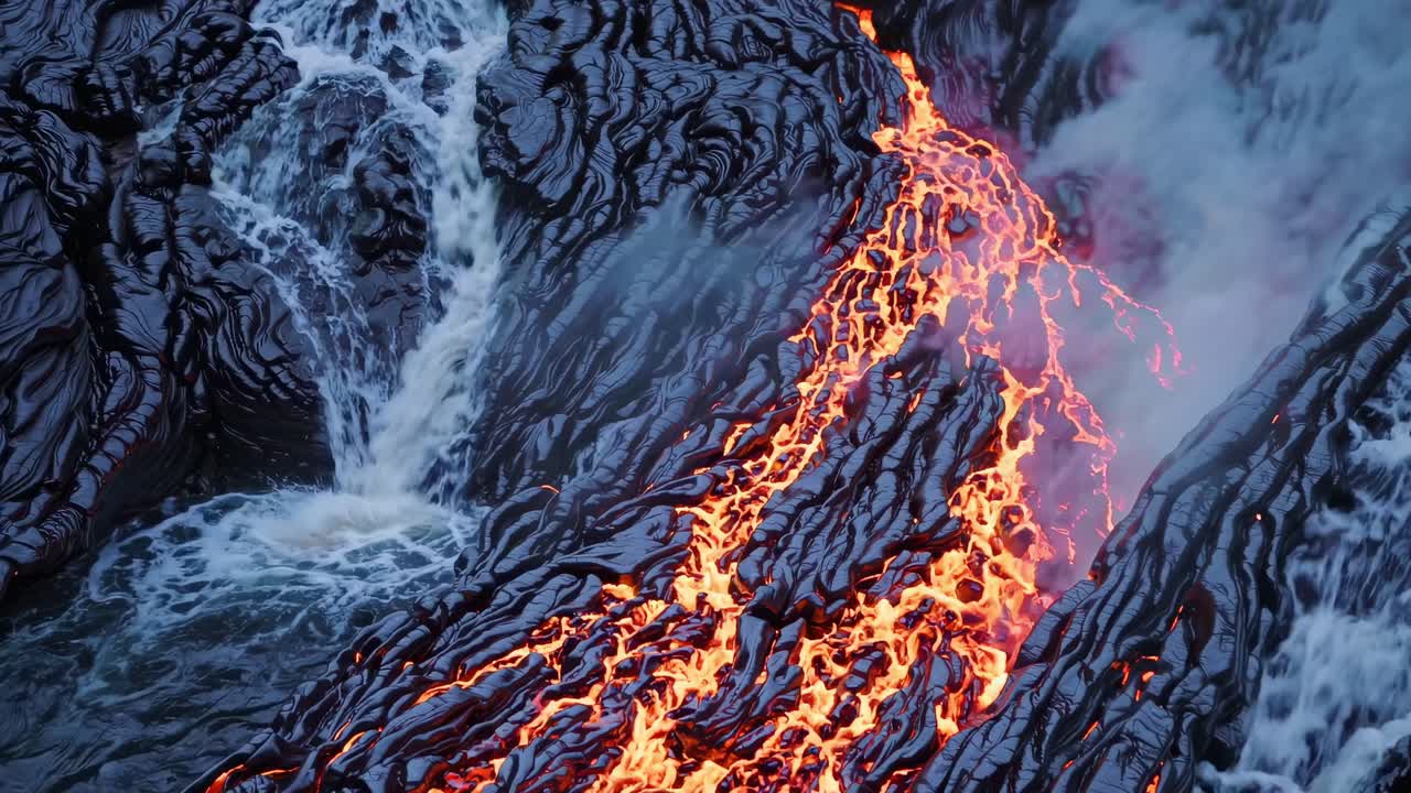 Lava Flow Meets Waterfall in Iceland