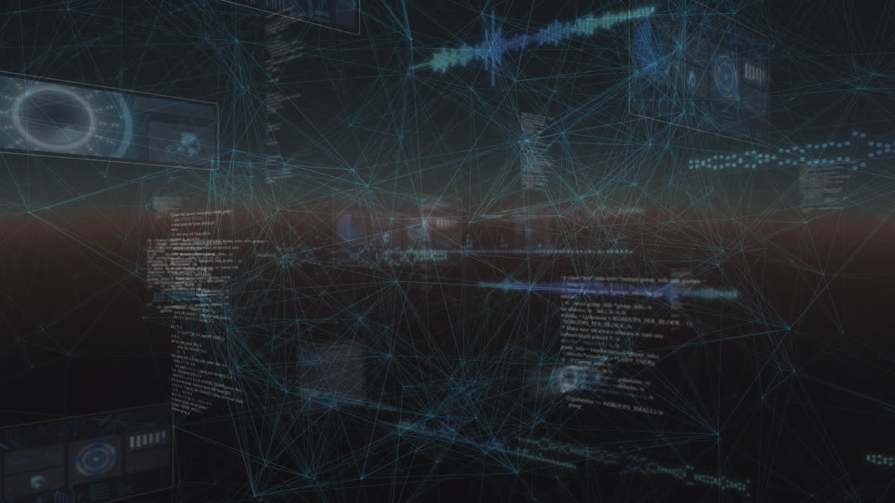 animación de la red de conexiones y procesamiento de datos sobre fondo negro