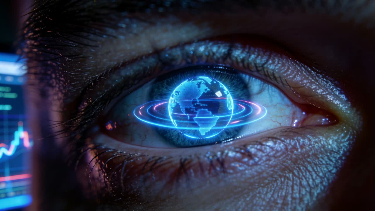 Closeup eye, gaze causing blue globe rotating pulsing settling while reading left finance chart