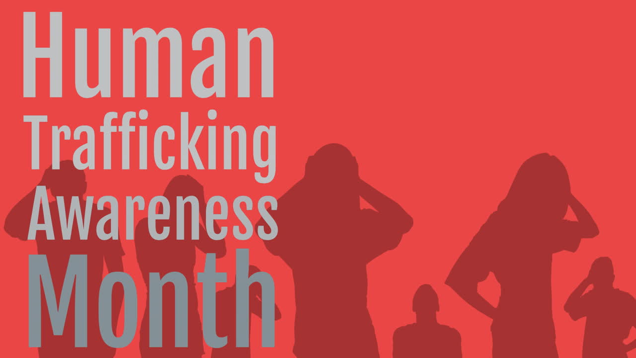 Animation of human trafficking awareness text over silhouette on red background