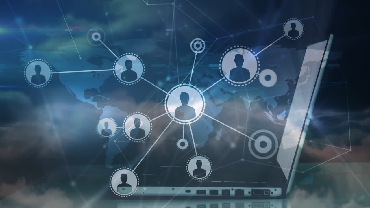 Animation of network of connections with icons and laptop on blue background