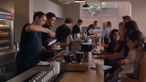 a bustling coffee shop scene with baristas serving customers