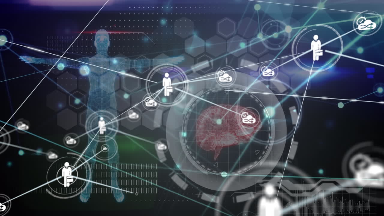 디지털 인간의 뇌와 몸을 배경으로 연결된 아이콘과 렌즈 플레어의 애니메이션