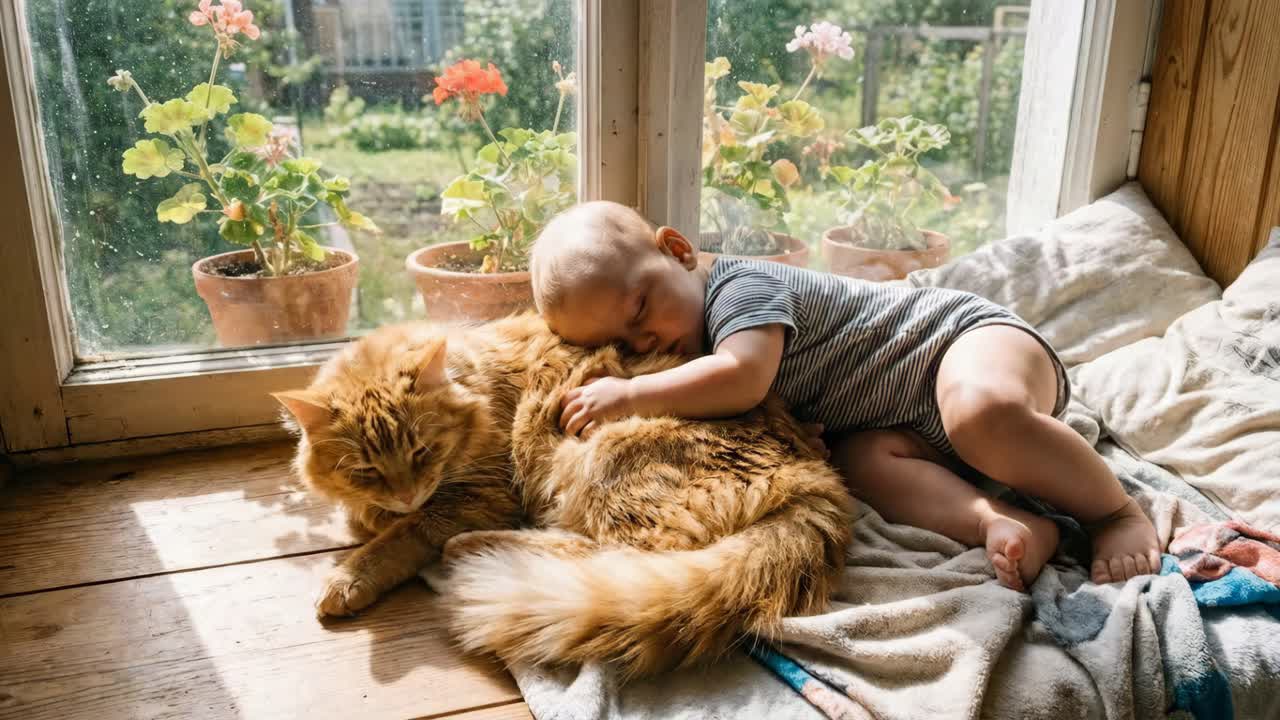 Baby som sover med katt nær vinduet
