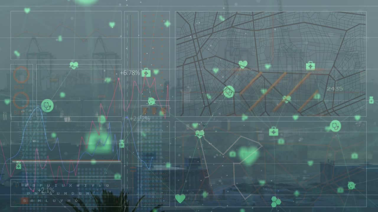 Animation of network of digital icons and interface with data processing against cityscape