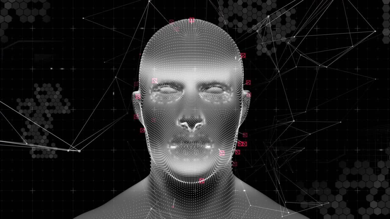 Scan band rising, mesh head rotating right while waves sliding and nodes linking, visualizing data