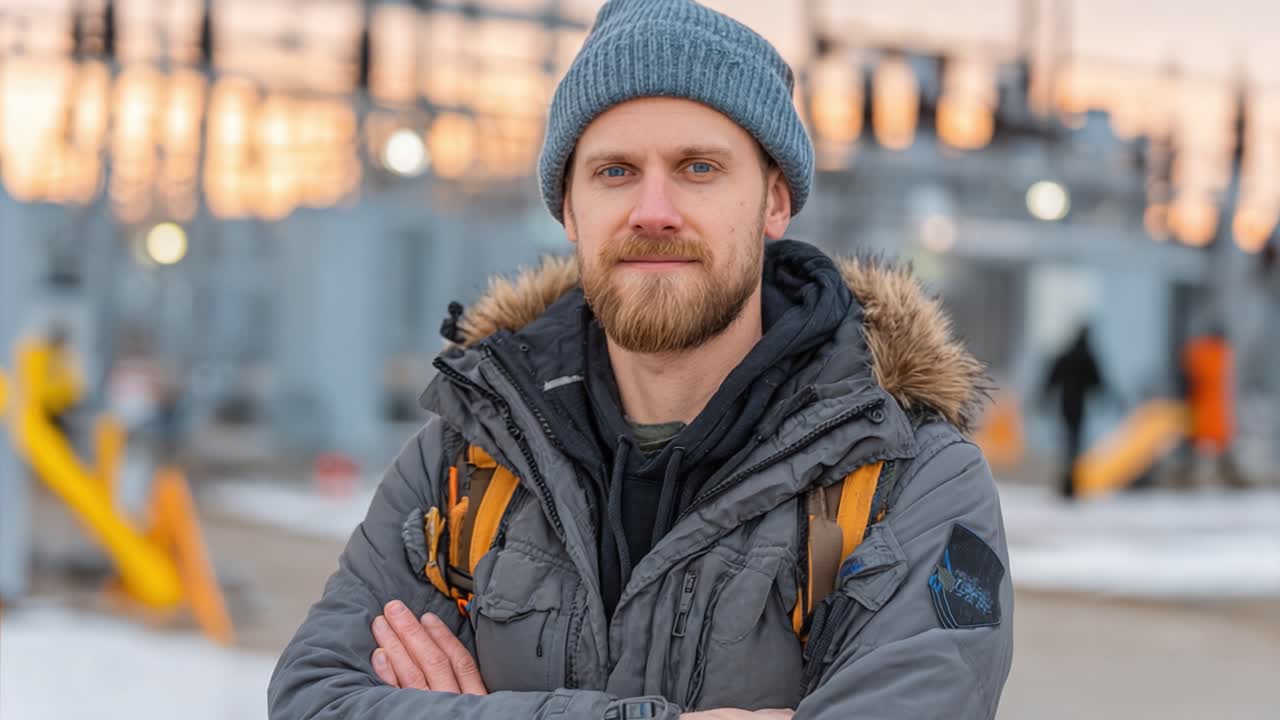 En selvsikker mand står foran elektrisk infrastruktur under solnedgang og viser beslutsomhed og parathed i et dynamisk arbejdsmiljø