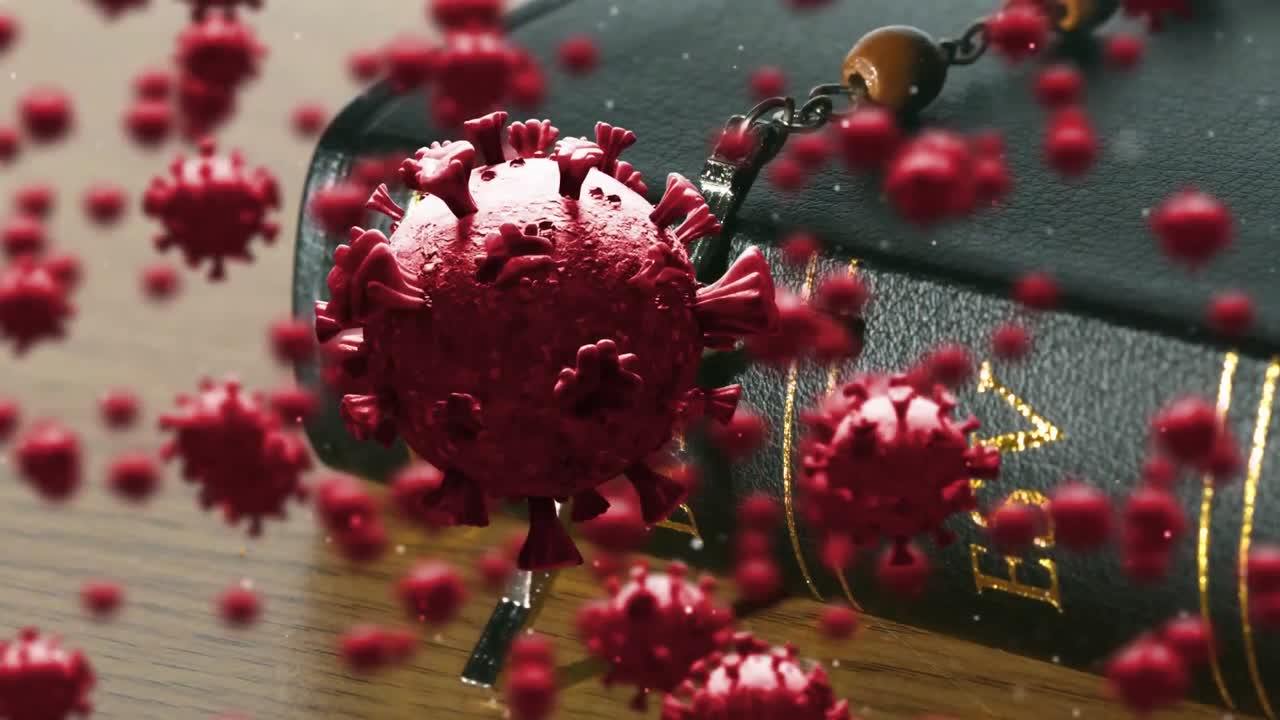 células de covid-19 que se mueven contra el rosario en la biblia