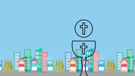 animation of cross symbols over chalice with colorful cityscape background