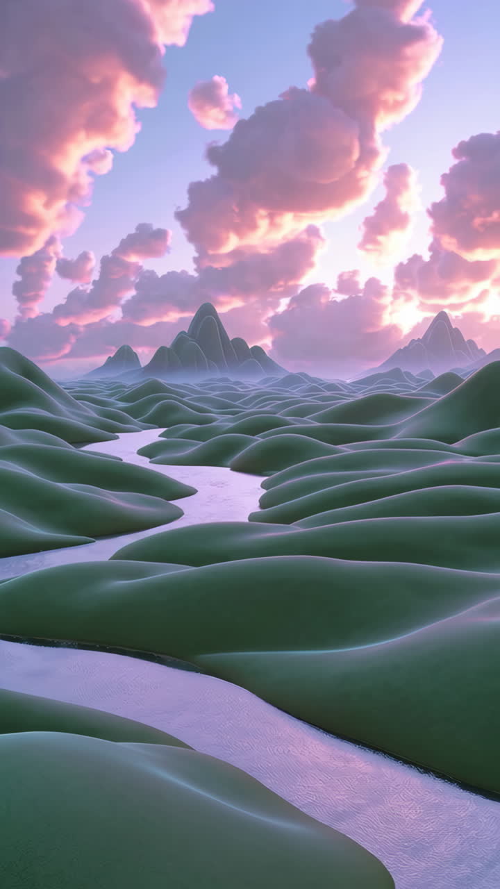 Surreal Landscape with Rolling Hills and Purple River