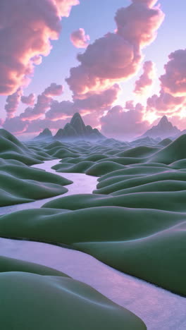 surreal landscape with rolling hills and purple river