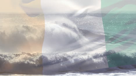 animation of flag of ireland blowing over waves in sea