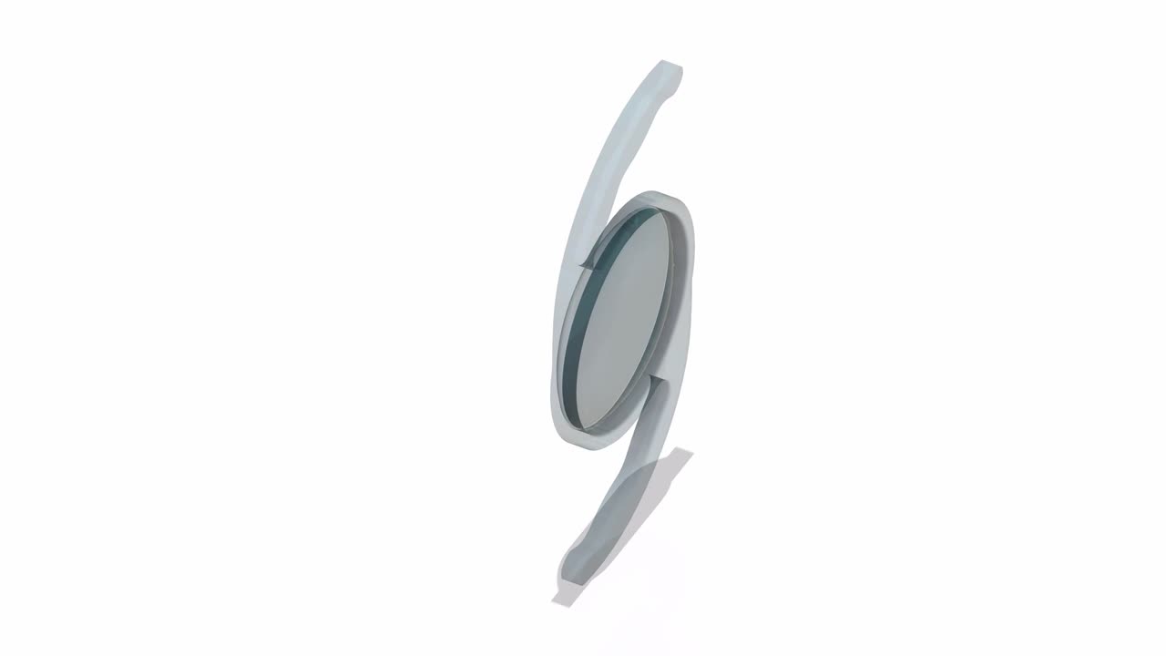 3D Illustration of a clear acrylic intraocular lens used in ophthlamic and cataract surgery rotating in white background