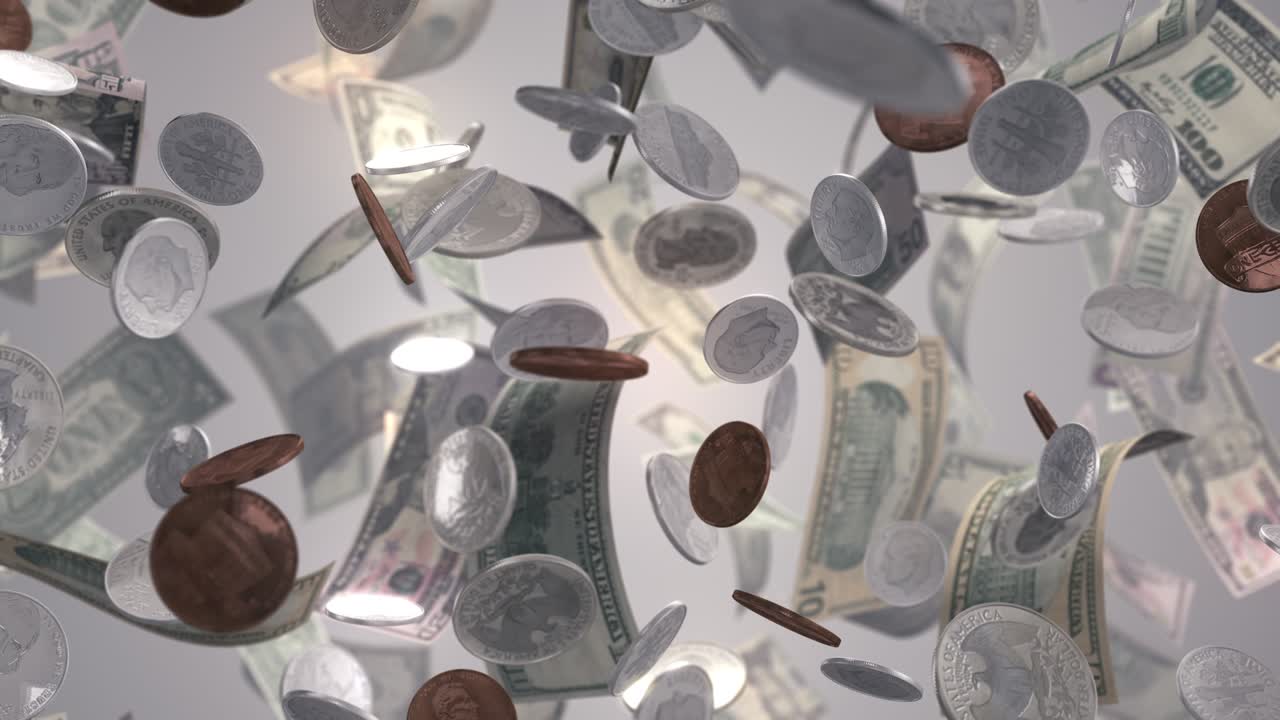 색에 돈과 동전의 비가 내리고