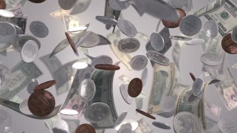 raining money and coins on white