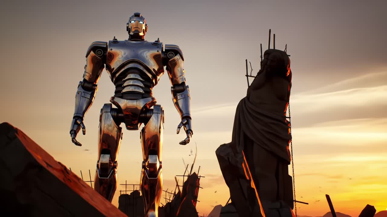 A Majestic Robotic Sentinel Stands Tall Against a Dramatic Sunset, Overlooking a Ruined Cityscape with Monolithic Statues Under a Vibrant Sky