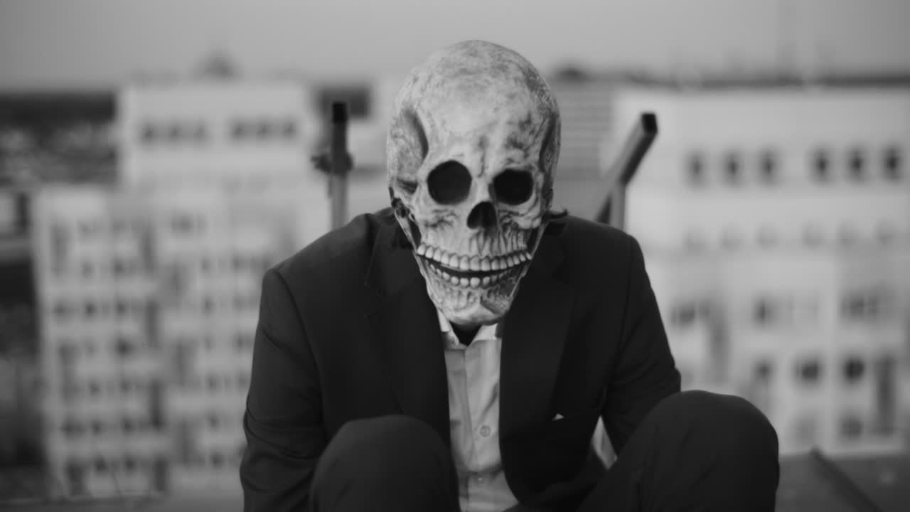 Blurred Figure in Skull Mask on City Rooftop