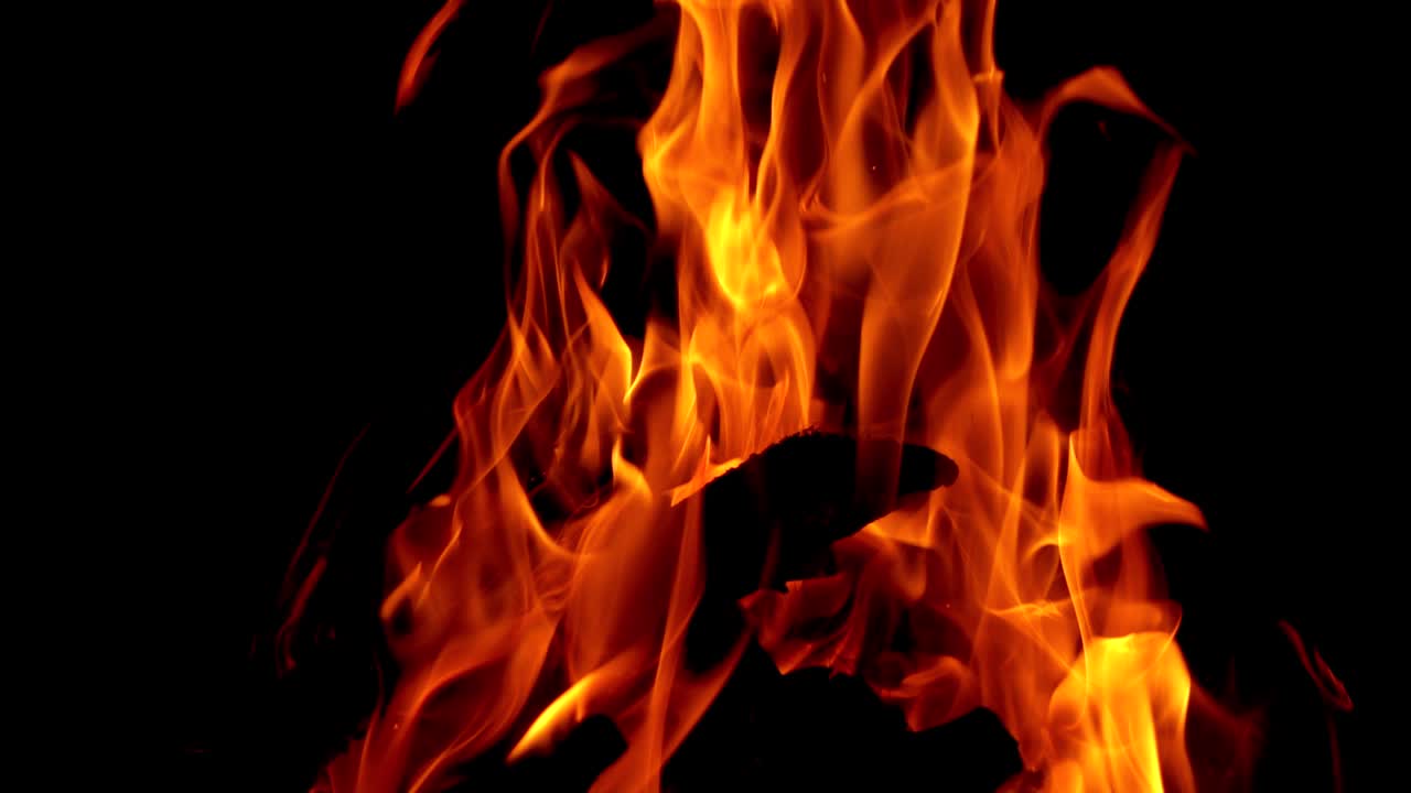 Burning fire. Bright burning wood slow motion. Splashes of flame and live coals.