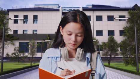 close up of asian teen girl student taking note on notebook and celebrating while standing in front of a school building