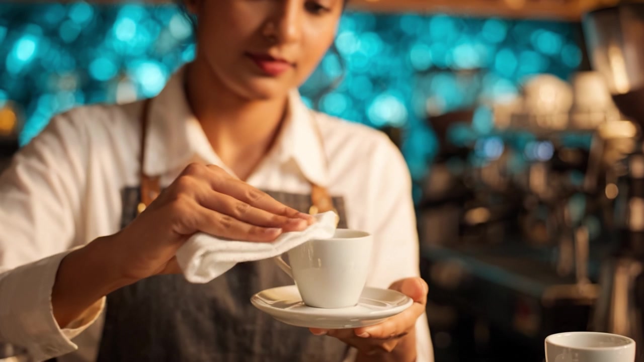 Barista che serve caffè in un elegante caffè con uno sfondo splendidamente illuminato, evidenziando la maestria dietro ogni tazza perfetta di espresso.