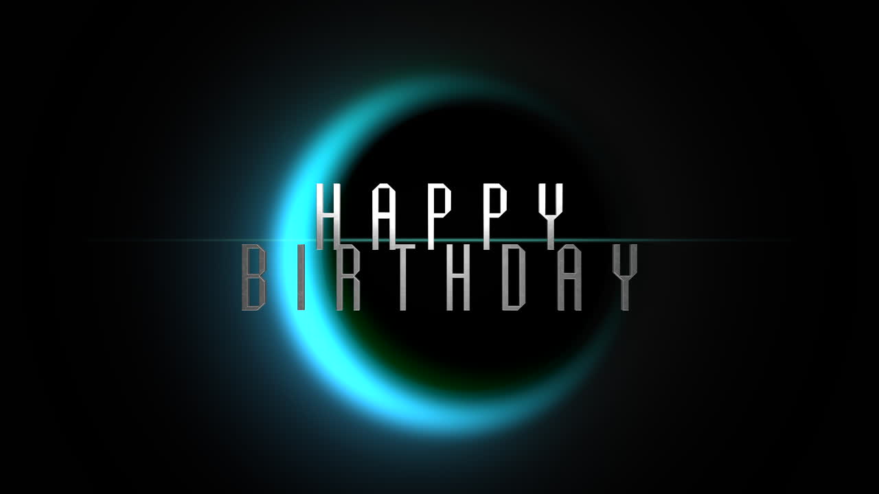 Testo Buon Compleanno con luna blu nella galassia
