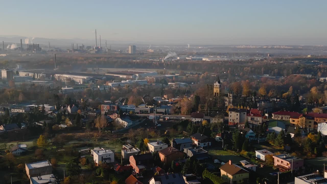 Ostrava urban cityscape with misty morning industrial skyline DRONE