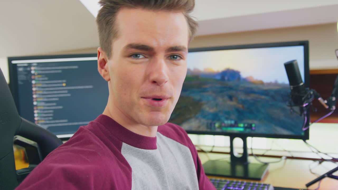 Man Gaming At Home Sitting At Desk Looking Into Camera Live Streaming Game
