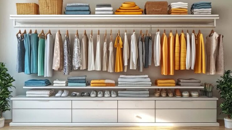 Armadio moderno e organizzato con vestiti e contenitori