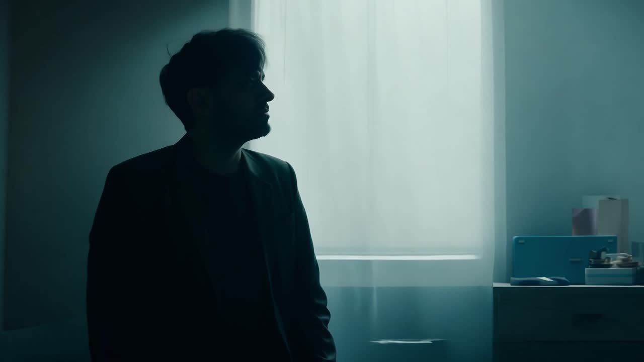 창문 에 서 있는 남자 의 실루