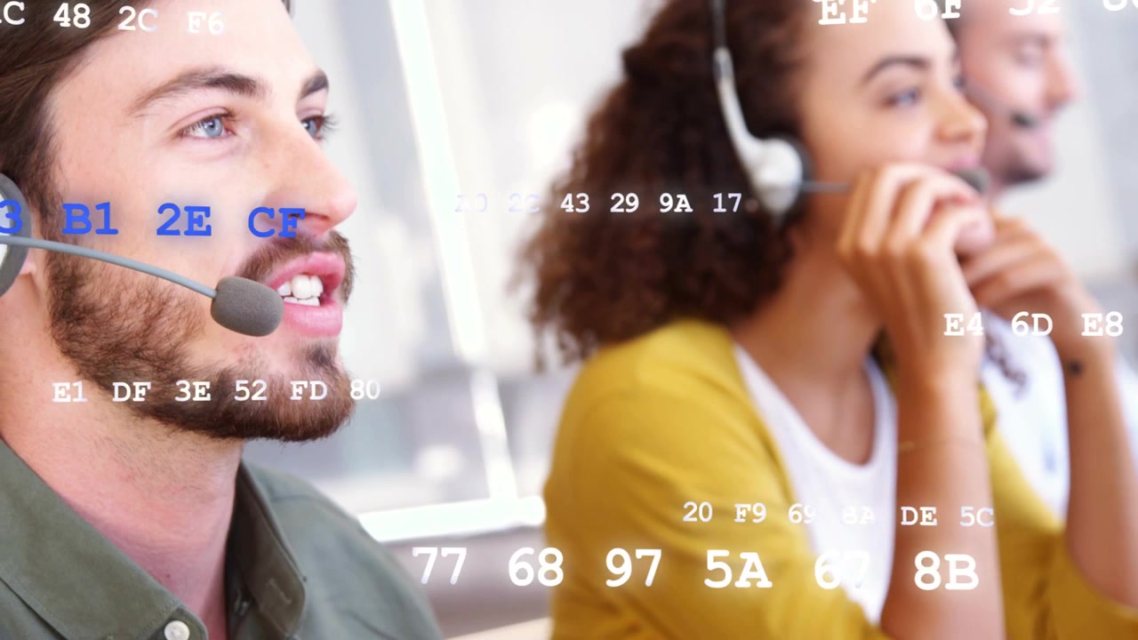 Call-center agents answering incoming calls, donning headsets and speaking while hex overlay moving