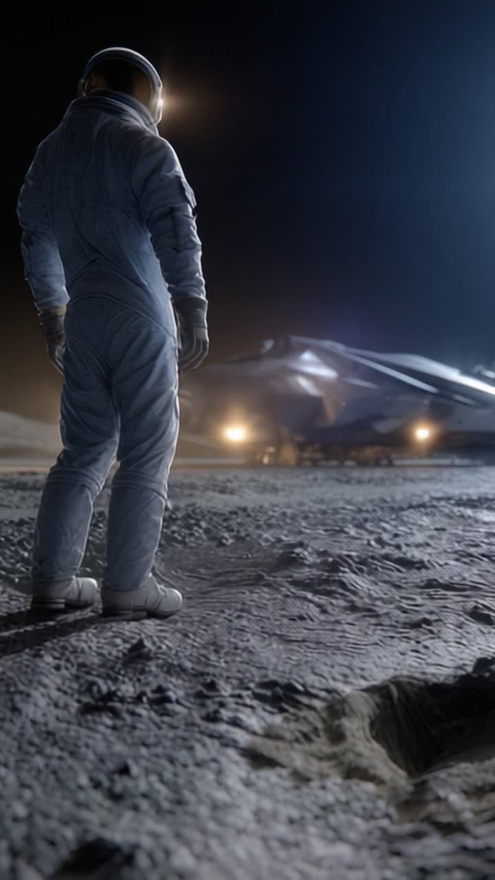 An astronaut stands on the lunar surface, gazing at a futuristic spacecraft illuminated by dim lights, amidst the vastness of the moon's desolate landscape