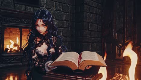 mujer de anime leyendo junto a la chimenea en un castillo gótico
