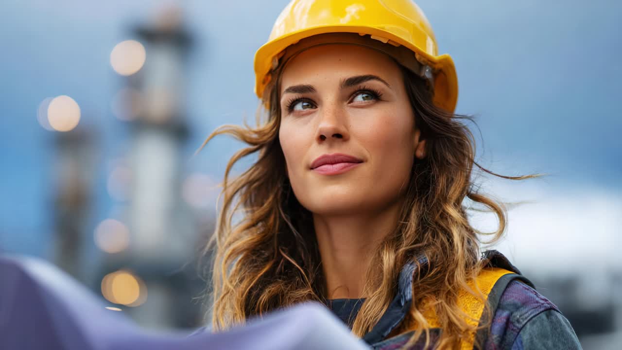 A confident young woman in a construction helmet and safety gear stands outdoors, evaluating architectural plans while surveying her surroundings at an industrial site under a cloudy sky