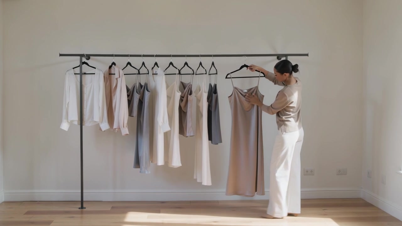 Donna con top beige che si avvicina allo stender, prendendo una gruccia e controllando la vestibilità di un abito neutro in studio, con spazio per il testo.