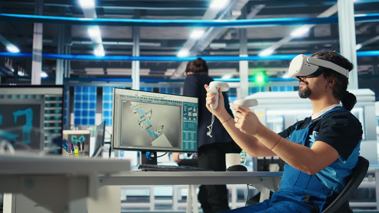 ingegnere di fabbrica fotovoltaica che analizza i dati utilizzando le cuffie vr