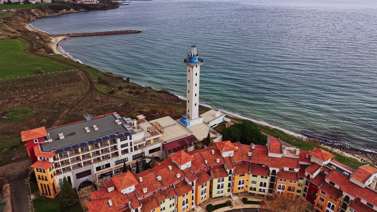 Aerial view of a lighthouse and coastal resort in Bulgaria